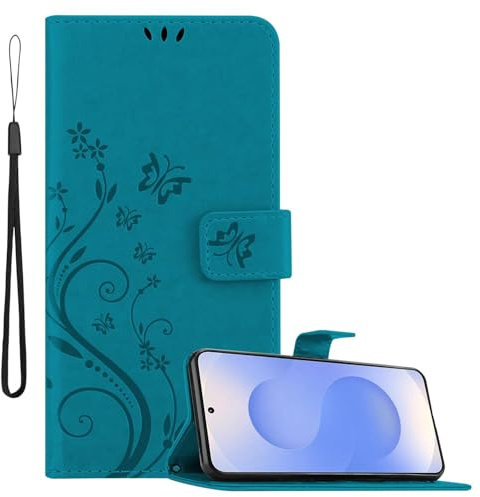 Cadorabo Hülle kompatibel mit Samsung Galaxy S25 in FLORAL BLAU - Schutzhülle im Blumen Design mit Magnetverschluss, Standfunktion und Kartenfächern