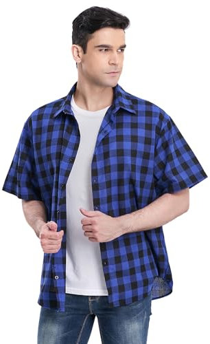 Chemisette Homme Manche Courte Chemises Décontractées Larges Classiques à Carreaux Légères (FR/ES, Alpha/Lettres, L, Grande Taille, Taille Normale, Quadri Bleu Marine et Noir)