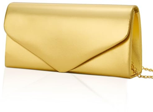 Larcenciel Clutch Gold, Leder Handtaschen mit Abnehmbarer Kette, Elegant Envelope Abendtasche, Mode Crossbody Umschlag Tasche, Kleine Umhängetasche für Hochzeit, Party, Prom, Date, Bankett, 22x11x5CM