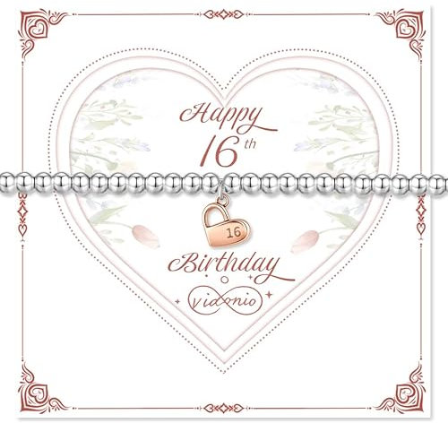 vidonio 16th Birthday Gifts for Women,Adjustable 925 Sterling Silver Bracelet with Rose Gold Heart Beaded Bracelet with Card Thoughtful Birthday Presents for Teen Girls,Friend,Sister,Daughter,Mum