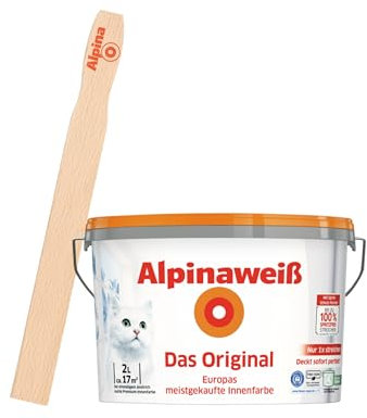 Alpinaweiß Das Original – optimal deckende und ergiebige weiße Wandfarbe – mit Spritz-Schutz-Formel – mit Rührholz (2 Liter)