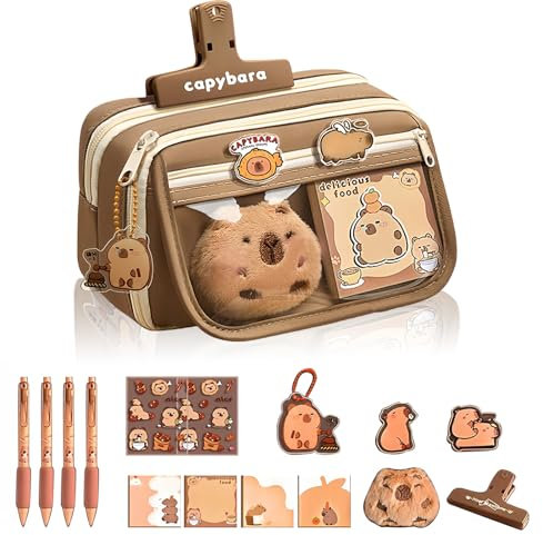 CharmBurst 1 Set Capybara Federmäppchen Groß, Kawaii Schlamppermäppchen Mit Plüschfigur, Capybara Schlüsselanhänger, Schreibwaren Set, Stickern, Für Den Schulanfang