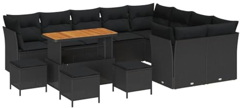 vidaXL Garten-Sofa-Set mit Kissen 13 pcs Schwarz 110 x 55 x 71 cm, Garten- und Terrassenmöbel, Moderne, UV-beständige Materialien, abnehmbare Kissen, Outdoor-Sitzgruppe, Poly-Rattan-Sofa