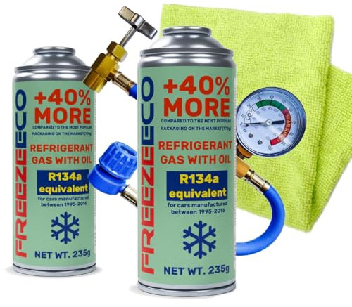 Set FreezeEco 2x 2-in-1 Ersatzkältemittel R134a A/C mit Öl + Schlauch + Tuch