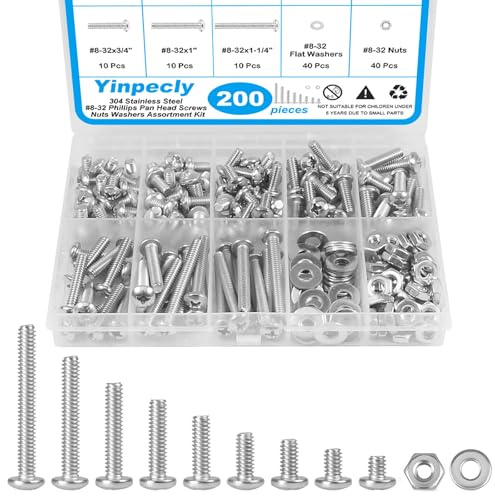 Yinpecly 200pcs #8-32 Phillips Pan Head Machine Screws Nuts Washers Assortment Kit,304 Stainless Steel, Coarse Thread, Fully Machine Thread(#8-32x 1/4, 5/16, 3/8, 1/2, 5/8, 3/4, 1, 1-1/4)