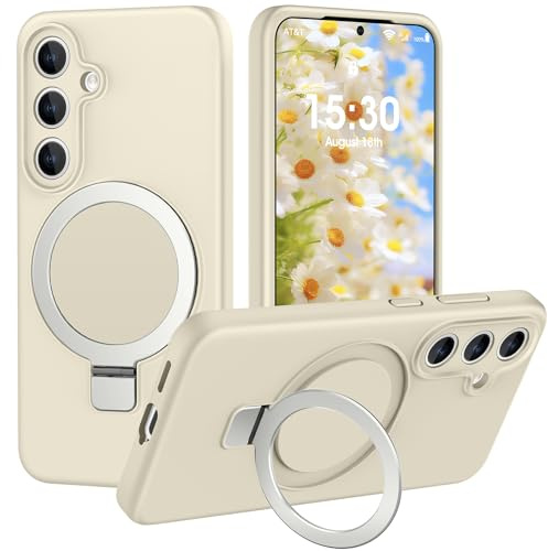 PuyaTeya Hülle für Samsung Galaxy S24 mit Magnet Ring Ständer, Militärschutz Stoßfest Kratzfeste, Vollständiger Kameraschutz, Mikrofaser-Innenfutter Silikon Handyhülle, Beige