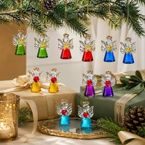H&D HYALINE & DORA 12 Engel-Ornamente aus Glas für den Weihnachtsbaum, Mini-Hängeengel Weihnachtskugeln für Weihnachten, Geburtstag, Hochzeit, Party-Dekoration (6 Farben)