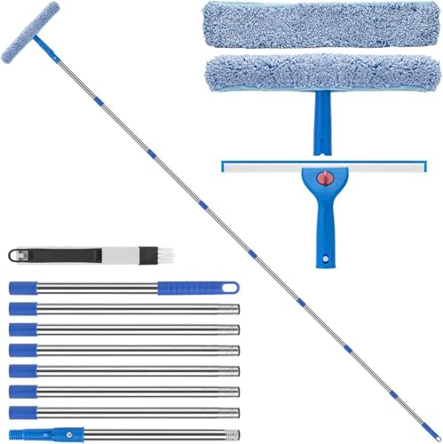 10Ft(3m) Professional Window Cleaning Kit,Long Handle Window Cleaning Equipment,Silicone Squeegee & Microfiber Scrubber, with Groove Cleaning Brush,for High Windows,Conservatory glass panels and roof