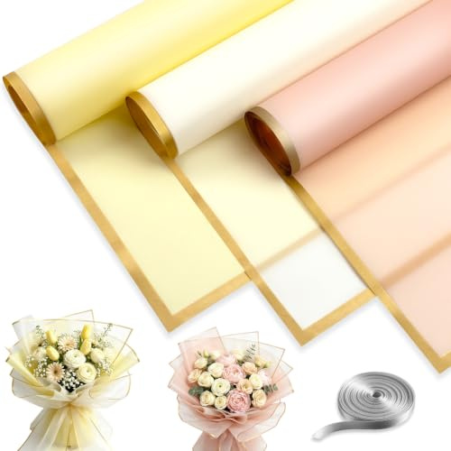 24 Pezzi Carta da Regalo Per Bouquet, Impermeabile Per Fiori, Carta da Imballaggio, Confezioni Regalo, Mazzi di Fiori, (58 X 58 cm) Bianco, giallo, rosa con un nastro grigio da 10 m