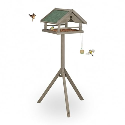 Relaxdays bird feeder with stand, weatherproof asphalt roof, garden, balcony & terrace, fir wood, brown