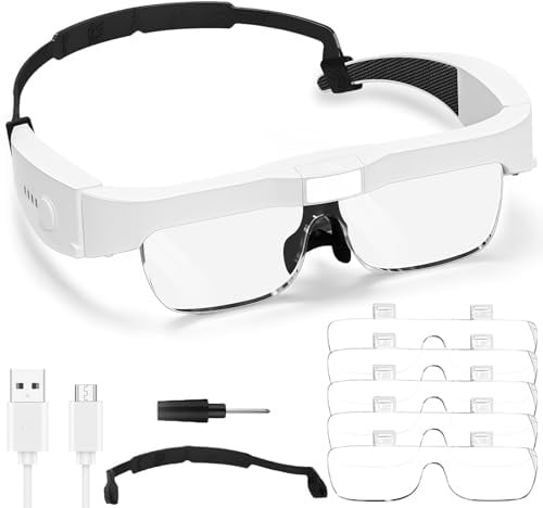 Amfun Magnifying Glasses with Light, 0.75X to 4X Magnifying Glass with 5 Detachable Lenses, Rechargeable Hands Free Lighted Head Magnifier Glass for Reading, Close Work, Hobbies, Handicraft (White)