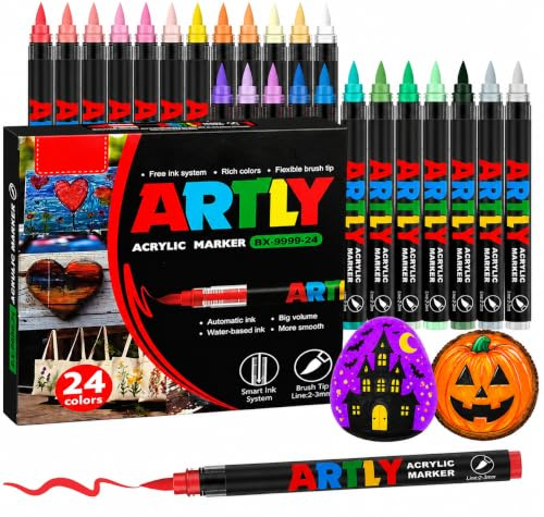 Efimeso 24 Farben Acrylstifte für Steine Wasserfest Set, Multimarker Pinselstifte Acrylic Paint Marker für Stein, Keramik, Holz, Stoff, Leinwand