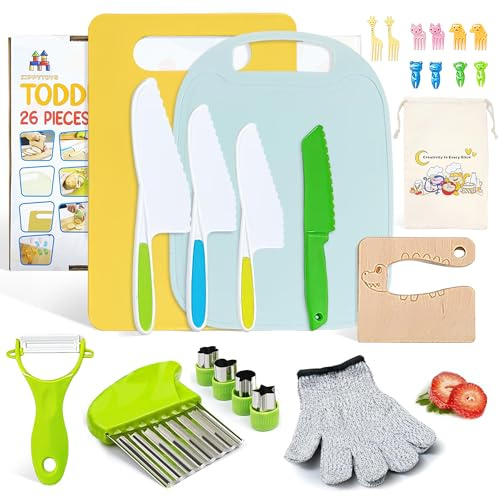 Zippytoys Kids Knife Set for Chopping – 26 Pcs Kids Cooking Set for Real Cooking with Plastic & Wooden Knives Crinkle Cutter Peeler Cutting Boards & Gloves -Montessori Knife Set Toddler Kitchen Tools