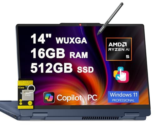 Lenovo IdeaPad Flex 5 2-in-1 Laptop 14 WUXGA Touch AMD 6-core Ryzen AI 5 340 (Up to 50 Tops) 16GB DDR5 512GB SSD Backlit for Creator Designer Business Professional Win11Pro ICP Hub/Copilot AI