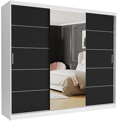 Easy4You Krudox Weiß/Schwarz 250 cm Schiebetürenschrank Kleiderschrank mit Spiegel Schlafzimmermöbel Mehrzweckschrank mit Kleiderstange Schrank für das Schlafzimmer