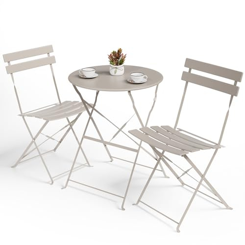 LIFERUN Bistroset 3-teilig Klappbar, Metall Balkonmöbel Set für Kleinen Balkon, Wetterfest Gartenmöbel Set, 1 Klapptisch mit 2PCS Klappstühle, Outdoor Sitzgarnitur für Terrasse, Garten, Grau