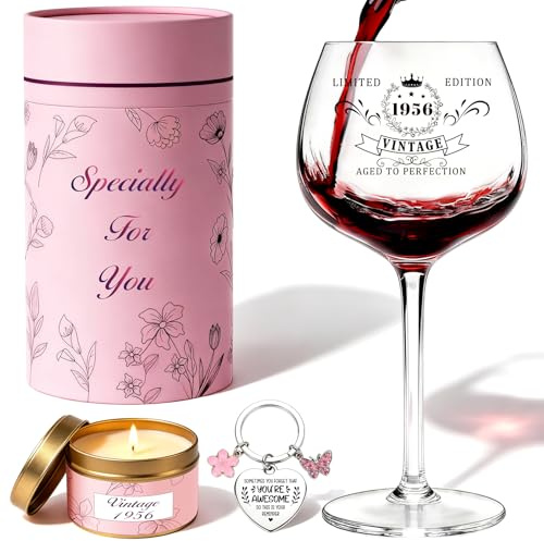 TUZELIYA 70th Birthday Gifts for Women - Vintage 1956 Engraved Wine Glass Set with Scented Candle Keychain - 70th Birthday Decorations Gift Idea for Her Best Friends Sister Mum Wife Colleague Family