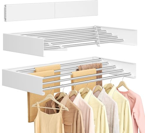 SONGMICS Wäscheständer Wandmontage, klappbar, 6 Stangen, 80 cm | Wandwäschetrockner ausziehbar, platzsparend, Bohrschablone, für innen, außen, mattweiß, BUNJI Kollektion LLR809WE01
