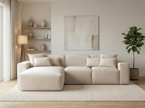 GRAINGOLD Leni Ecksofa 265x180 cm, L-Form Sofa, Ecksofa für Wohnzimmer, Geflechtstoff, 3-Sitzer Eckcouch, Modernes Design (Beige, Links)