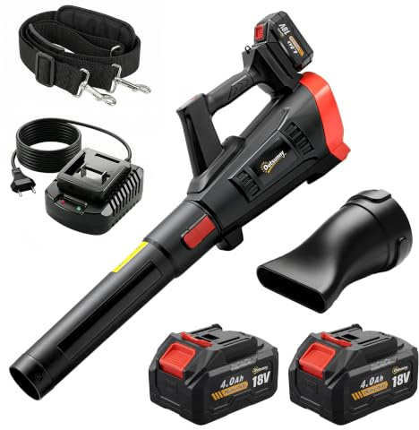 Outsunny Soplador de Hojas sin Cable 18V con 2 Baterías 4.0Ah y Cargador | Motor Sin Escobillas 600W, 3 Velocidades, Correa Hombro, 149 km/h, Soplador Batería Ligero para Hojas, Nieve y Residuos