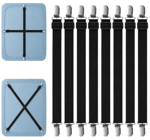 Weysoo Bettlakenspanner Verstellbar, 8 Stück Elastische Bettlaken Spanner, Bettlaken Spanngurte mit Metallclips, Hält Bettwäsche Matratzenschoner Tischdecken (Schwarz)