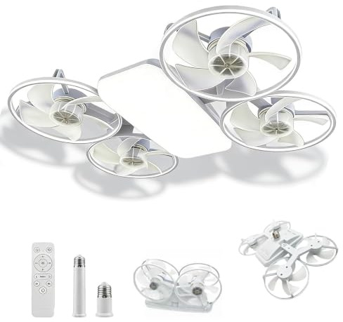 Usper Ventilador de Techo Con Luz, Lampara Ventiladores Dron Silencioso Bombilla E27 LED Pequeño y Mando a Distancia Instalación Rápida 3 Velocidades 5 Aspas para Dormitorio Estar (Blanco)