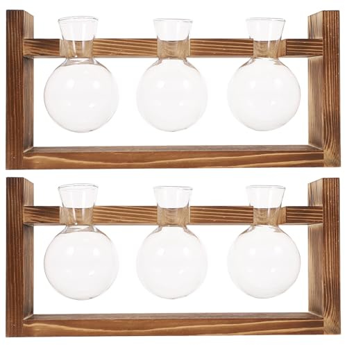 TINEASUR 2 Sets Plant Propagation Station with 3 Bulb Glass Vases and Wooden Stand, Hydroponic Propagated Houseplants Holder for Indoor Decor and Office Use, Observe Root Growth Easily