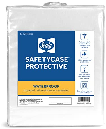 Sealy Baby SafetyCase Breathable Waterproof Crib Mattress Protector Pad, Toddler Bed Cover, Zippered Bedding Encasement, Noiseless, Machine Washable / Dryer Friendly, 52x28” - White