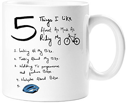Five Things I Like: Bike | Cyclist Mug – 11oz White Ceramic with Bike & Blue Helmet – Funny Coffee/Tea Cup – Gift for Cyclists – Birthday, Christmas, Stocking Filler