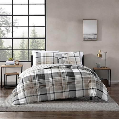 Eddie Bauer | Normandy-Kollektion Wende-Bettwäsche aus Mikroveloursleder mit passendem Kissenbezug, lässige Heimdekoration, Polyester, Grau, kariert, King
