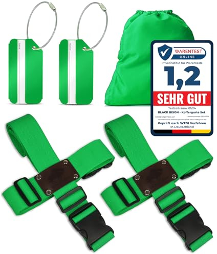 Koffergurt Set 4 Stück - Gepäckgurt + Gratis 2 Kofferanhänger - Grün