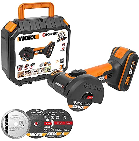 Worx 20V Mini Cutter, Power Share, Tool-Less Adjustment, 3 Cutting Disks, 1 Grinding Disc, 76mm Disc Size, 1 Battery
