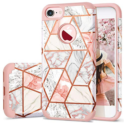 Fingic for iPhone 7/8 Case, Rose Gold Glitter Hard PC Soft Silicone 2 in 1 Hybrid Shockproof Anti-Scratch Rugged Bumper Protective Phone Cover