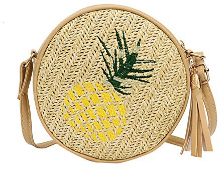 MoreChioce Stroh Crossbody Tasche,Damen Strandtasche Sommer Runde Handtasche Böhmen Stroh Handtasche Retro Schulterbeutel,Ananas
