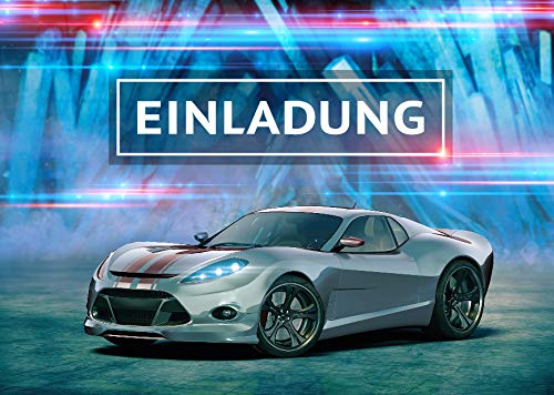 10 Einladungskarten zum Kindergeburtstag Rennauto Rennwagen grau Junge Einladungen Geburtstag