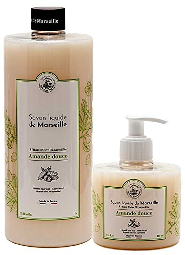 Savon de Marseille – Französische Flüssigseife aus Bio-Olivenöl – Süßmandel-Handwäsche, 1 Liter und 330 ml Flaschenspender, 2 Stück