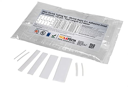 142-tlg. 3:1 mit Kleber Transparent Schrumpfschlauch Set unbeschriftet. Set Gesamtlänge von 8,3m in Plastikbeutel. Heißkleberschicht auf der Innenseite wasserdicht ISOLATECH