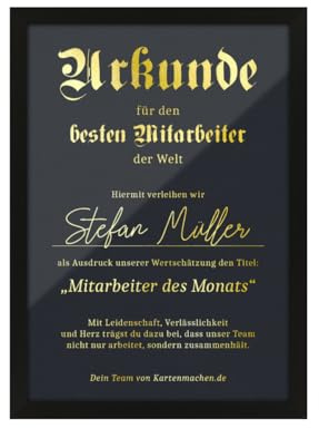Personalisierte Gold Urkunde mit Heißfolienprägung mit Ihrem Text, DIN A4 oder A3, Hintergrundfarbe wählbar, optional mit Rahmen, z.B. als Geschenk für Rente, Kollegen, Mama, Papa, Fußball