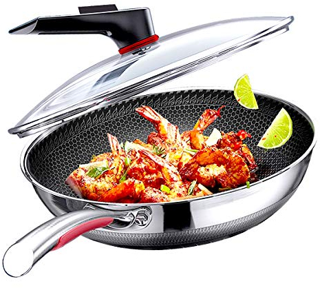 MEGOO 32 cm Edelstahl-Wokpfanne mit Deckel, Waben-Bratpfanne für Gas, Induktion, Elektroherde, spülmaschinenfest, PFOA/PFA-frei