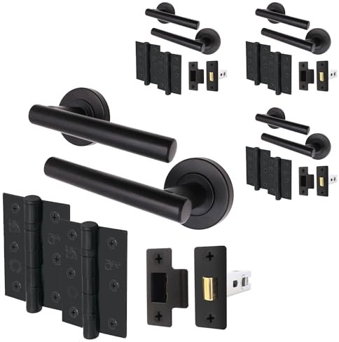 EAI Black Door Handle Latch Set - Pack of 4 | Round T-Bar Internal Door Handles, Latch (64mm), Hinges (76mm)| Matt Black Lever on Rose | Oliena Range