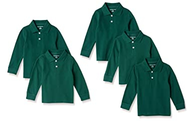 Amazon Essentials Polo in Filato piqué a Maniche Lunghe Bambini e Ragazzi, Pacco da 5, Verde Scuro, 3 Anni