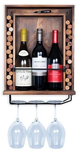 Rustic State Kayra Wall Mounted Wood Wine Bottle Rack with Cork Corkscrew Storage Glassware Holder Stemware Shelf Organizer - Home Kitchen Dining Room Bar Décor - Walnut