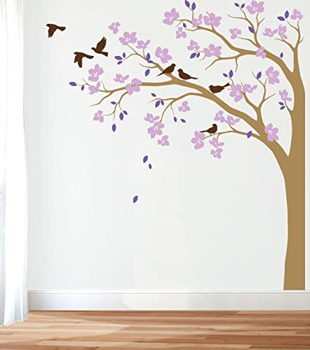 Studio Quee Große Ecke Baum Wandaufkleber Wandtattoo mit großen Blüten, Vögel und Blätter Kinderzimmer Wandkunst Aufkleber Wandbild 087 (Äste nach links, Hellbraun; Lavendel; Lila; Braun)