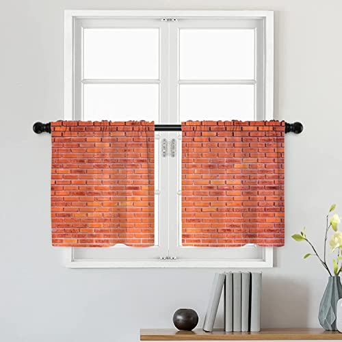 Batmerry Dark Orange Building Brick Wall Tier Curtains, Stonewall Urban Window Treatment Short Kitchen Curtain Multilayer Polyester Blackout for Living Room/Bathroom, 2 Pack 26x24 inches