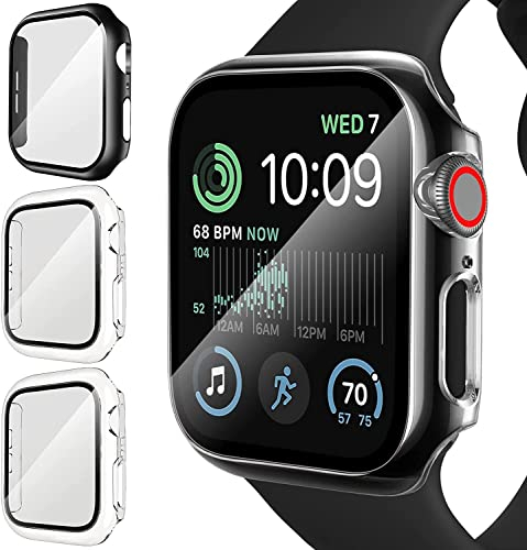 iVoler 3 Pezzi Cover con Vetro Temperato per Apple Watch SE (2022/2020) / Series 7 6 5 44mm, Copertura Completa Pellicola Protettiva Custodia Antiurto Anti-Graffio Rigida Case, 2 Trasparente + 1 Nero