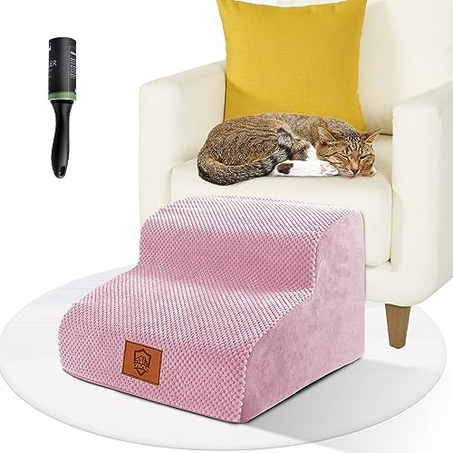 ZNM Escalier pour Chien en Éponge, Escalier pour Petit Chiens à 2 Marches Haute Densité avec Housse en Tissu, Escaliers pour Animaux de Compagnie, Rose