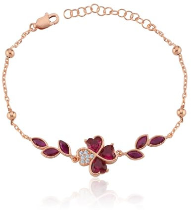 OZ Jewels Rose Gold Colored Silver Bracelet with Four Leaf Clover Design Synthetic Ruby and Diamond, Silver, zirconium