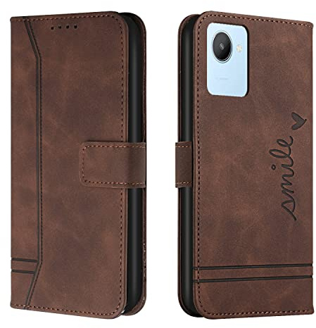 Bravoday Hülle für Realme C30, PU Ledertasche Handyhülle Flip Schutzhülle Kompatibel mit Realme C30, mit Kartenfäch & Kickstand, Braun