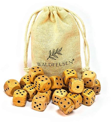 Waldfelsen 6, 12, 20, 30 oder 50 hochqualitative Holzwürfel aus echtem Buchenholz Augenwürfel Spielwürfel aus Holz in 16 mm Standardwürfel mit Stoffbeutel Würfelset (Blanko, 20 Stück)