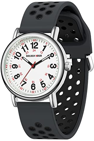 GOLDEN HOUR wasserdichte Krankenschwesteruhr für medizinische Fachleute, Studenten, Frauen und Männer, Leuchten-Zifferblatt, 24 Stunden mit Sekundenzeiger, Silikonband